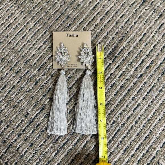 Tasha Silver Grey Tassel Earrings with Rhinestones - Picture 3 of 4